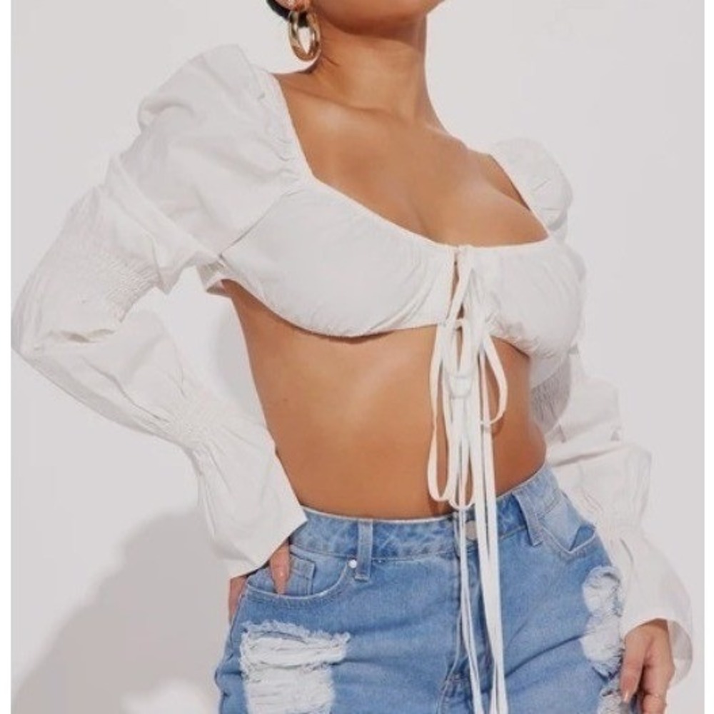 Fashion Nova Always On Vacation Poplin Top Long Sleeve Tie Front Smocked Crop S